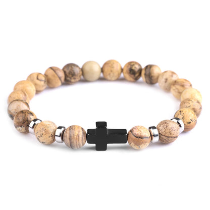 Natural Stone Bracelets Hematite Cross Pendent 8Mm Tiger Eye Black Onyx Lava Howlite Bead Elastic Rope Bracelet for Men Gift