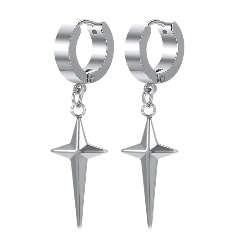 ZS Punk Cross Drop Earrings for Men Woman Stainless Steel Hoop Dangle Cartilage Earrings Gothic Hip Hop Circle round Earring
