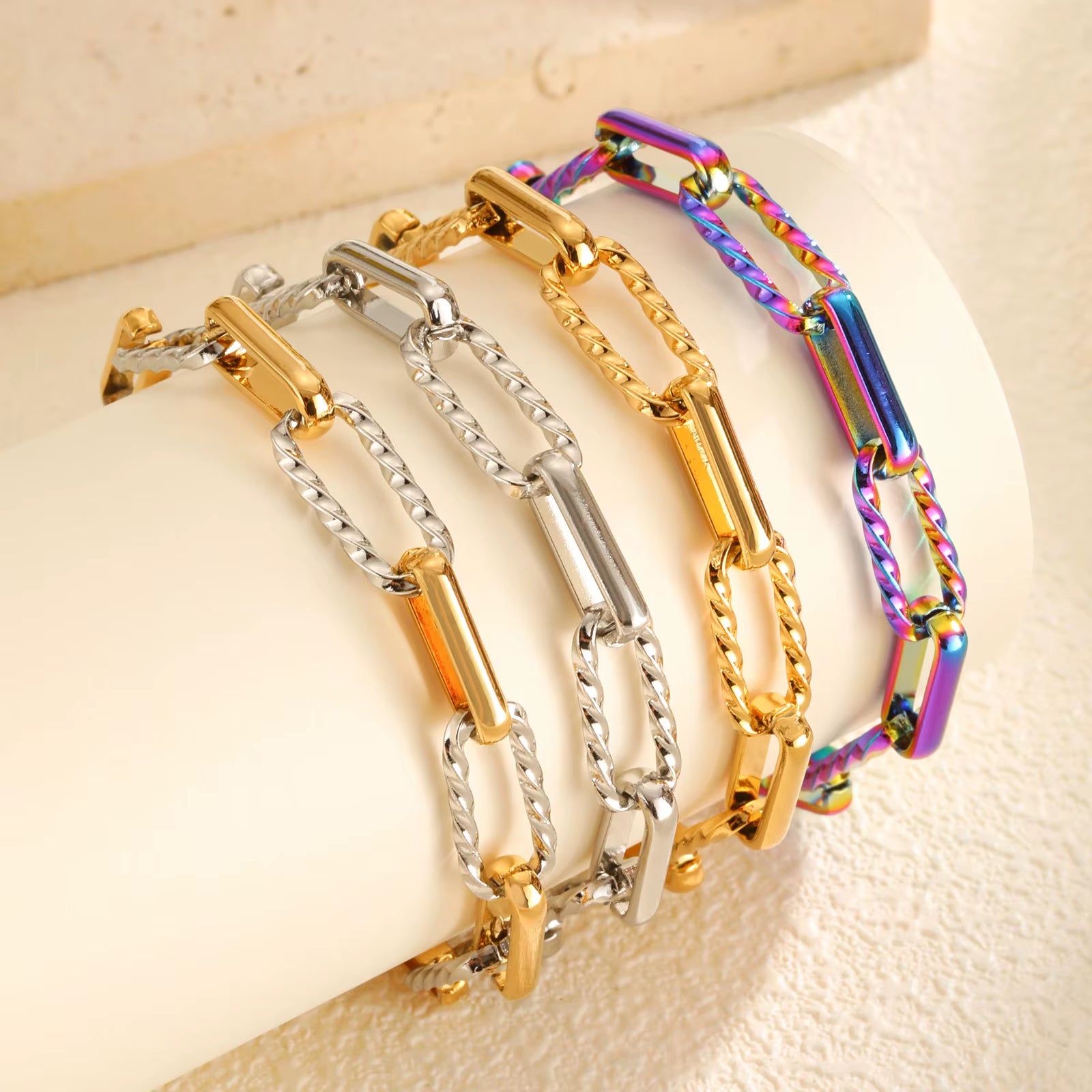 Two Tone Twist Link Paperclip Bracelet for Women, Chunky Stainless Steel Bracelet Adjustable Link, 18K Gold Plated Jewelry