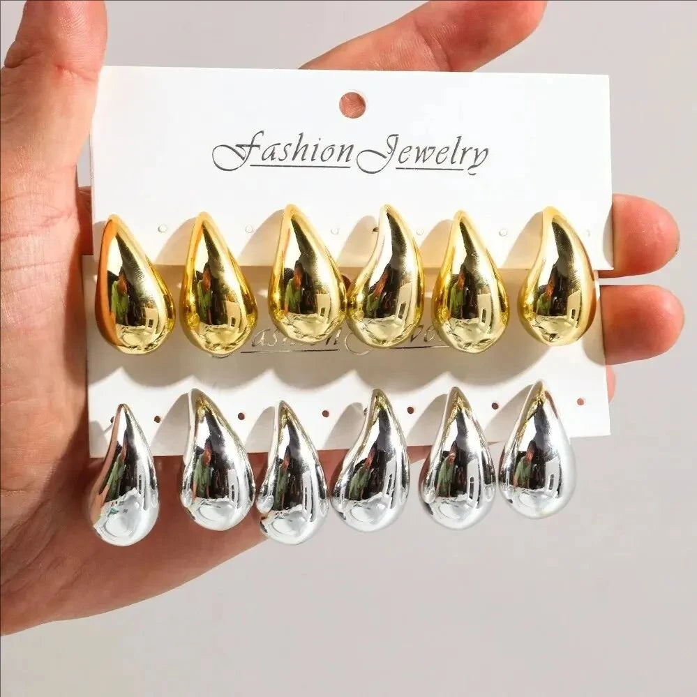 Fashion 6Pcs/Set Chunky Gold Plated Water Drop Earrings for Women Vintage Acrylic Teardrop Earring Hoops Lightweight Jewelry
