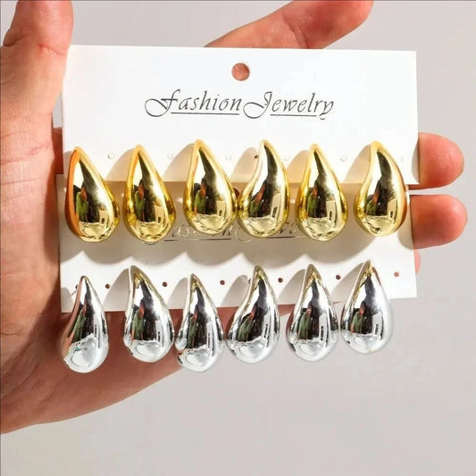 Fashion 6Pcs/Set Chunky Gold Plated Water Drop Earrings for Women Vintage Acrylic Teardrop Earring Hoops Lightweight Jewelry