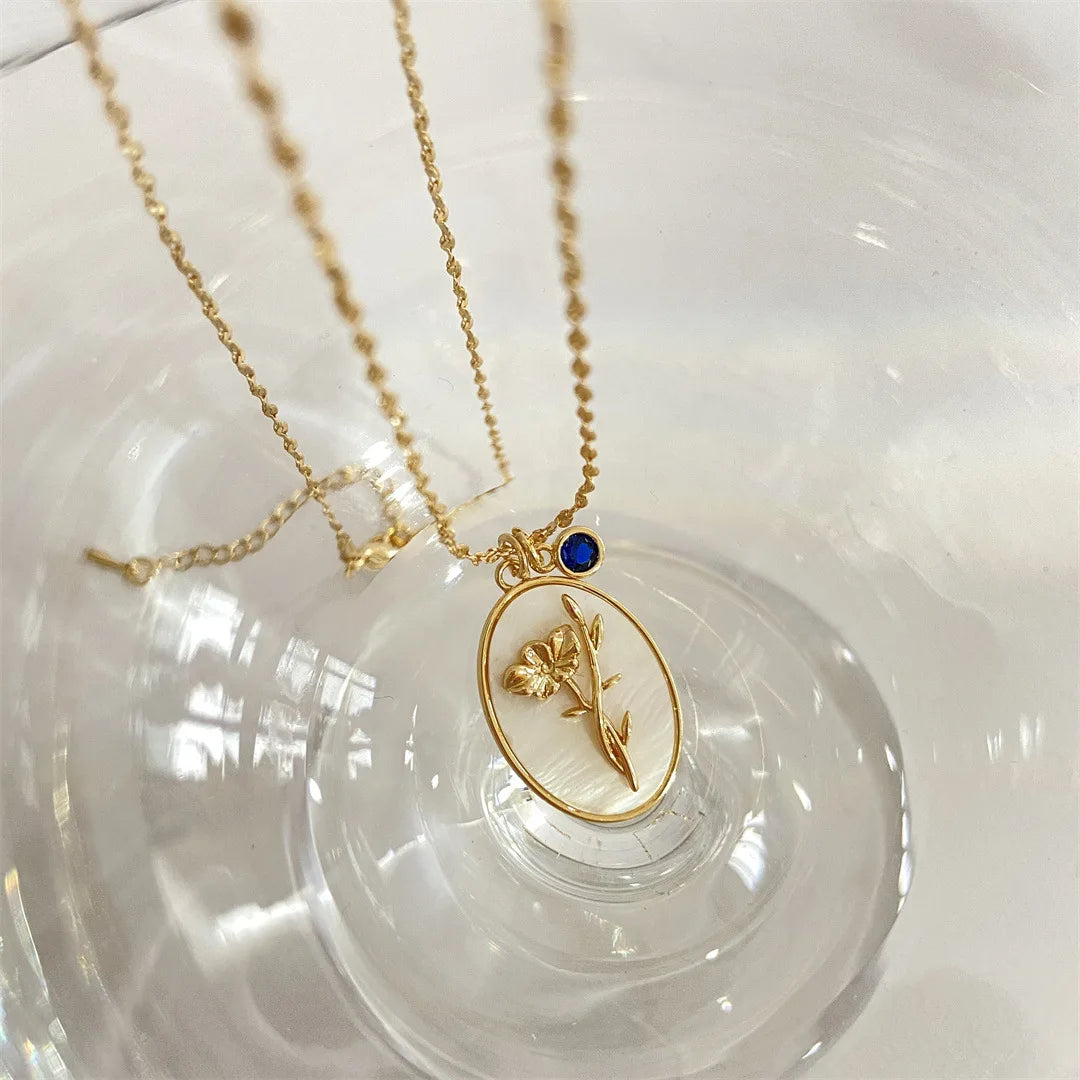 12 Birth Month Flower Birthstone Necklace for Women Charm White Shell Pendant Necklaces Mom Girlfriend Birthday Gift