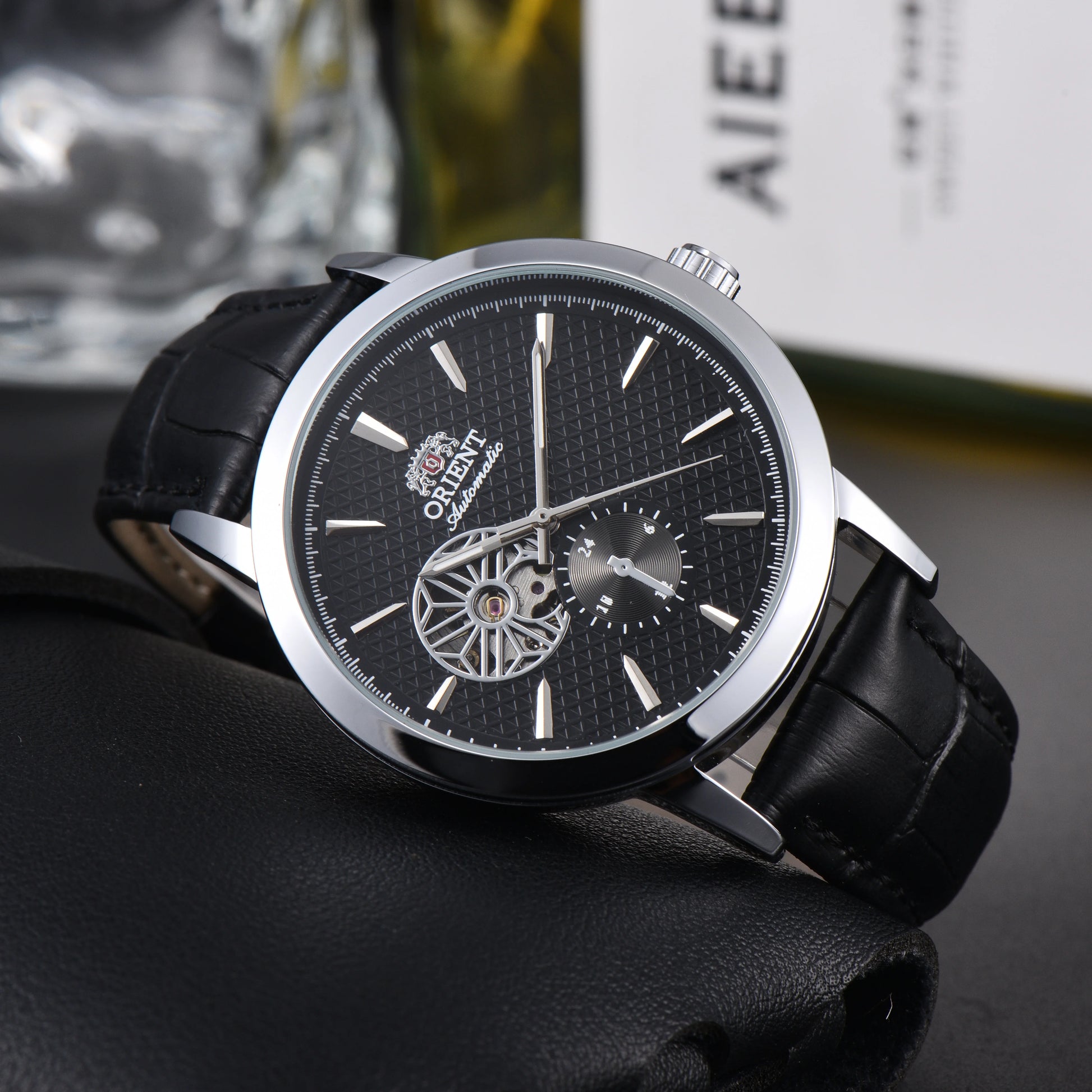 Men'S Auto Mechanical Skeleton Watch Silver Case Brown Leather Business Wristwatch Date Luxury