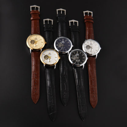 Men'S Auto Mechanical Skeleton Watch Silver Case Brown Leather Business Wristwatch Date Luxury