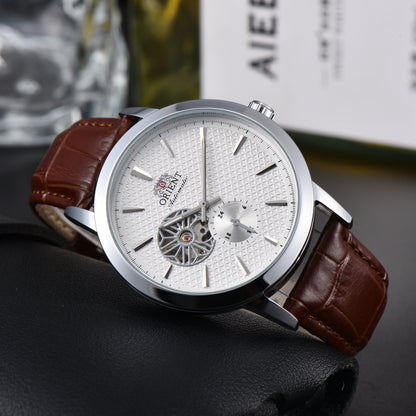 Men'S Auto Mechanical Skeleton Watch Silver Case Brown Leather Business Wristwatch Date Luxury