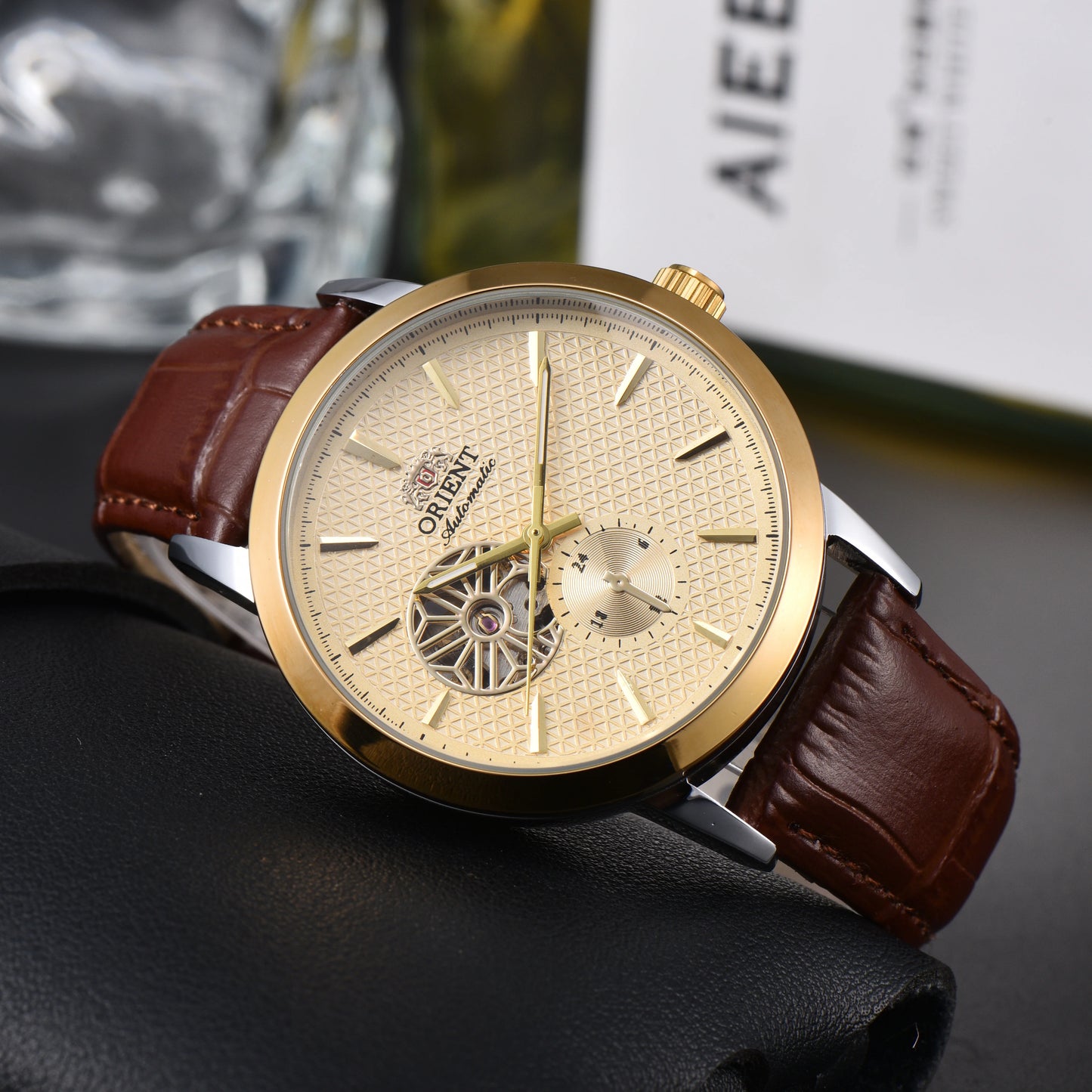 Men'S Auto Mechanical Skeleton Watch Silver Case Brown Leather Business Wristwatch Date Luxury