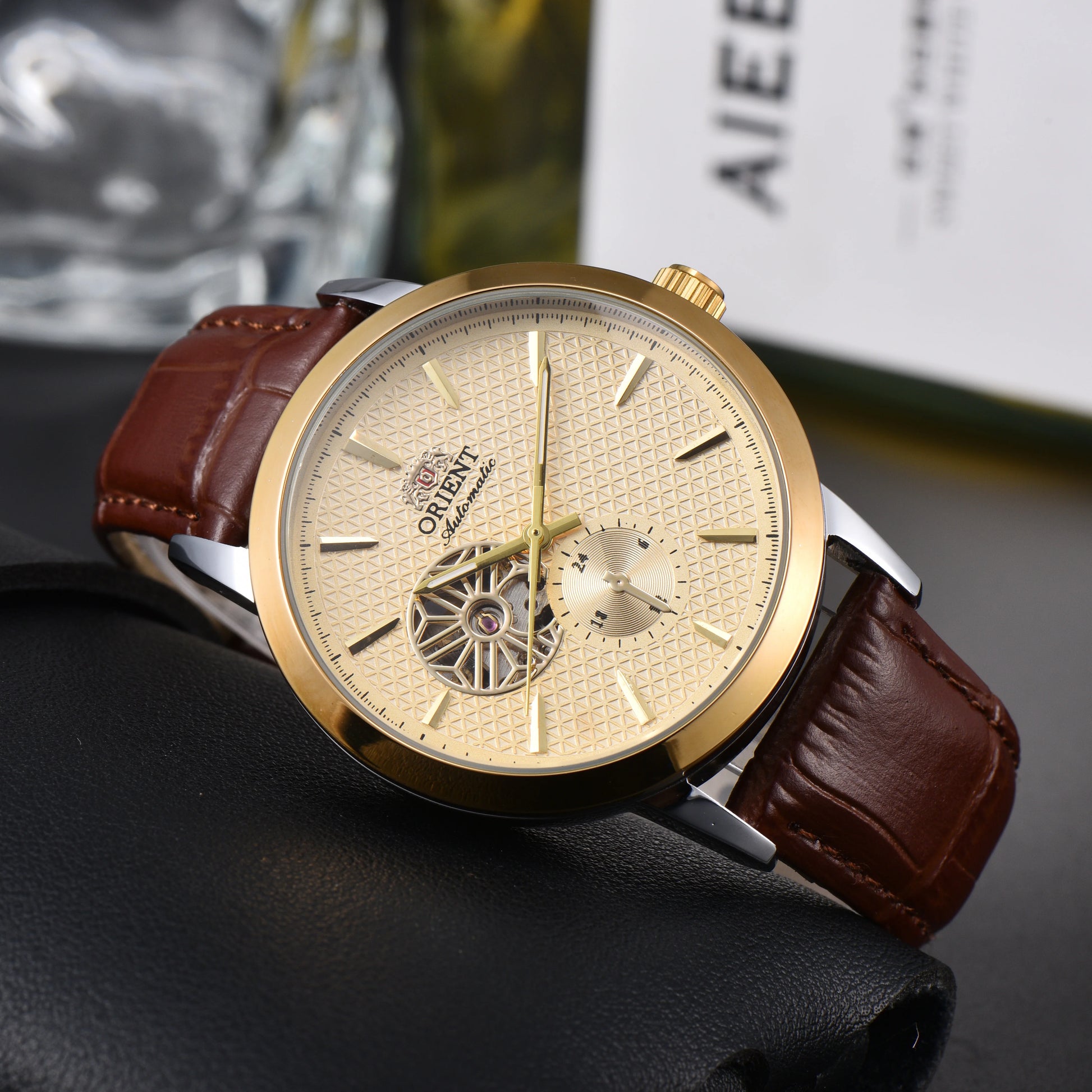 Men'S Auto Mechanical Skeleton Watch Silver Case Brown Leather Business Wristwatch Date Luxury