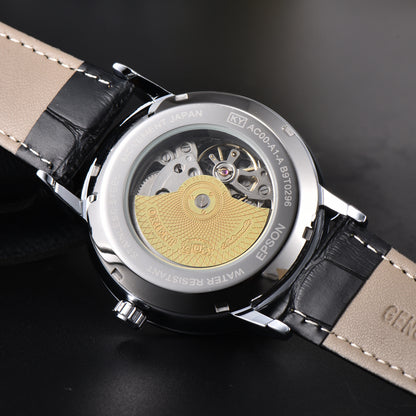 Men'S Auto Mechanical Skeleton Watch Silver Case Brown Leather Business Wristwatch Date Luxury