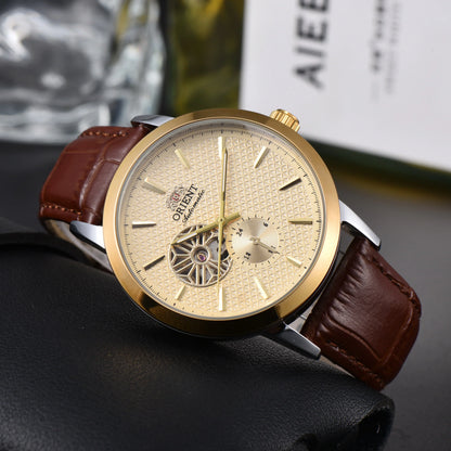 Men'S Auto Mechanical Skeleton Watch Silver Case Brown Leather Business Wristwatch Date Luxury
