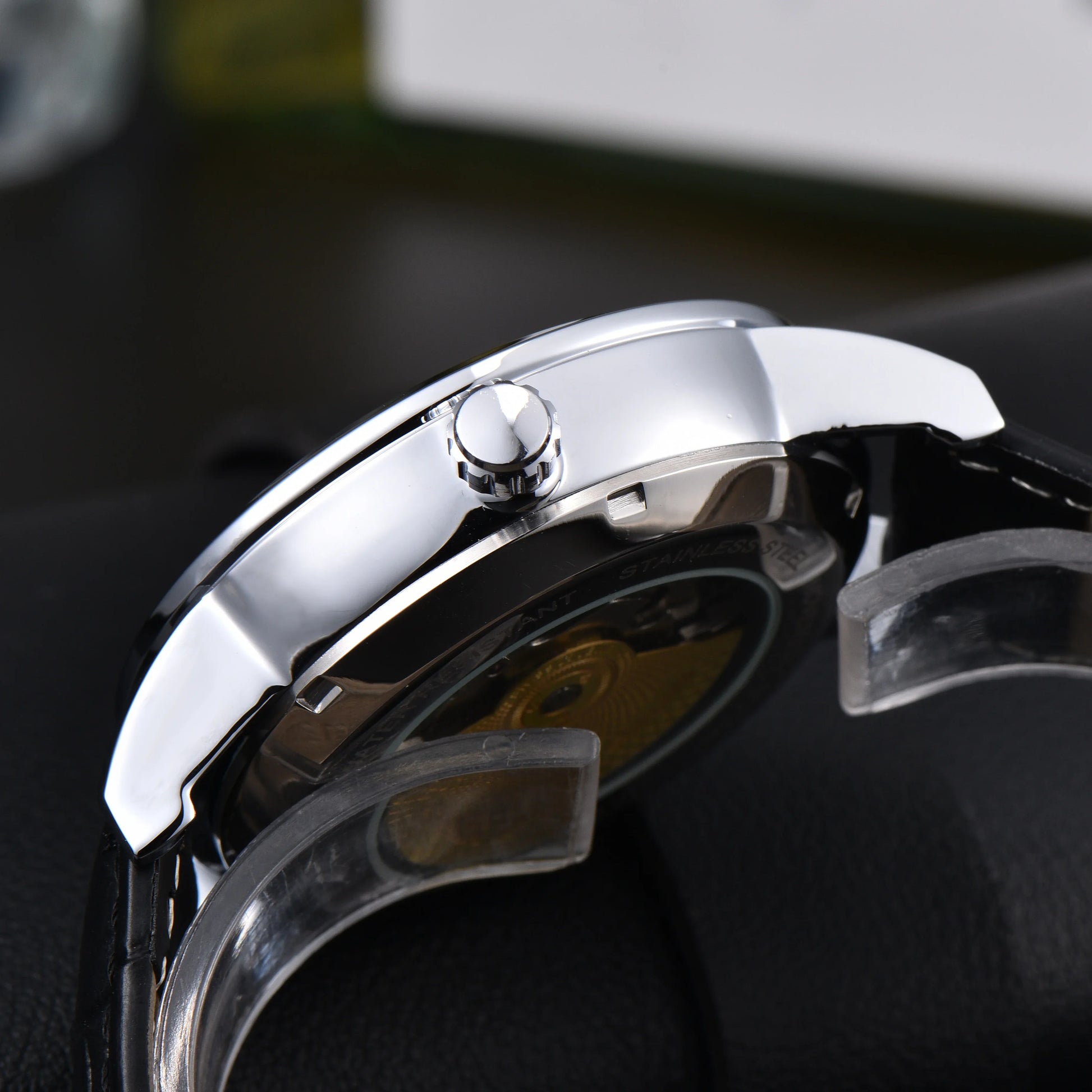 Men'S Auto Mechanical Skeleton Watch Silver Case Brown Leather Business Wristwatch Date Luxury