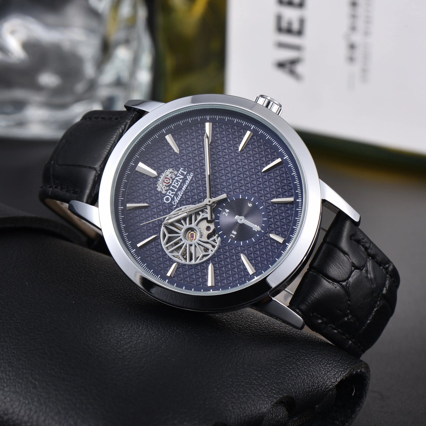 Men'S Auto Mechanical Skeleton Watch Silver Case Brown Leather Business Wristwatch Date Luxury