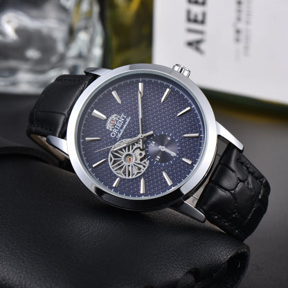 Men'S Auto Mechanical Skeleton Watch Silver Case Brown Leather Business Wristwatch Date Luxury