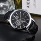 Men'S Auto Mechanical Skeleton Watch Silver Case Brown Leather Business Wristwatch Date Luxury
