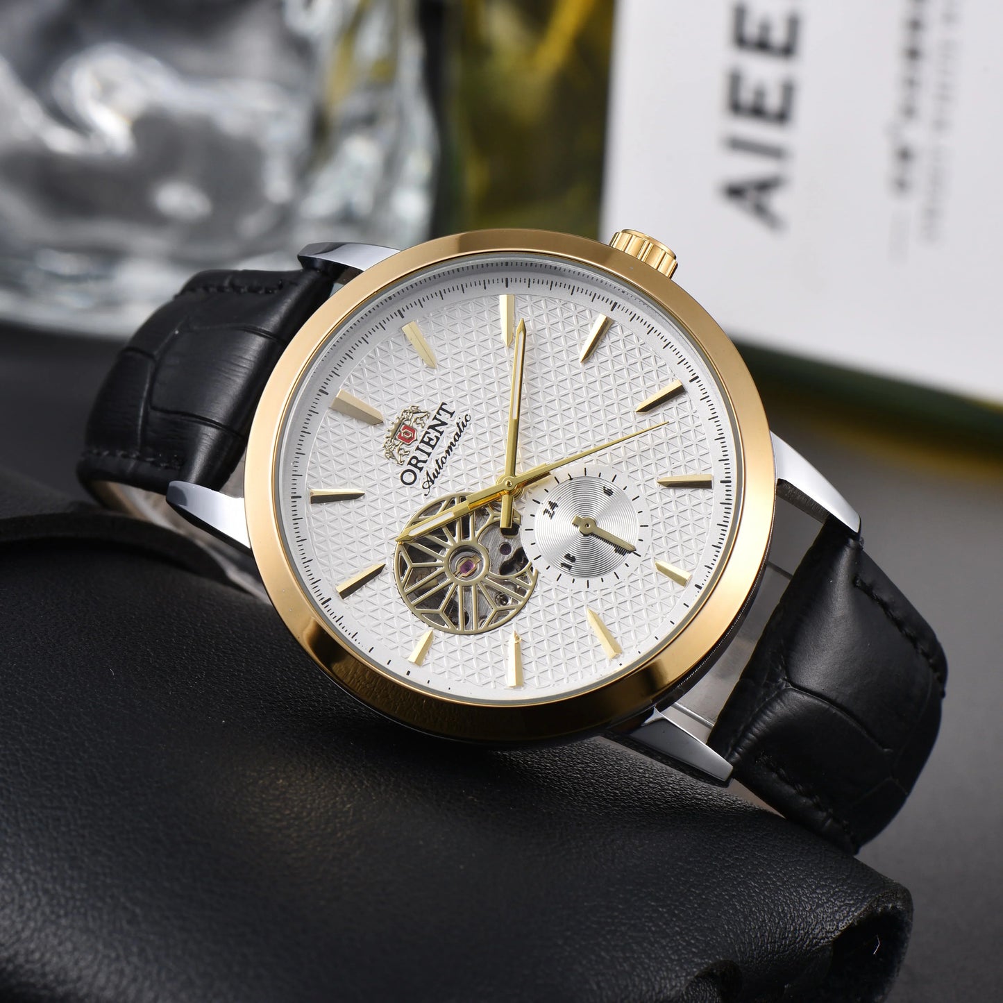 Men'S Auto Mechanical Skeleton Watch Silver Case Brown Leather Business Wristwatch Date Luxury