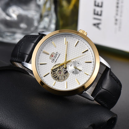 Men'S Auto Mechanical Skeleton Watch Silver Case Brown Leather Business Wristwatch Date Luxury
