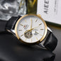 Men'S Auto Mechanical Skeleton Watch Silver Case Brown Leather Business Wristwatch Date Luxury
