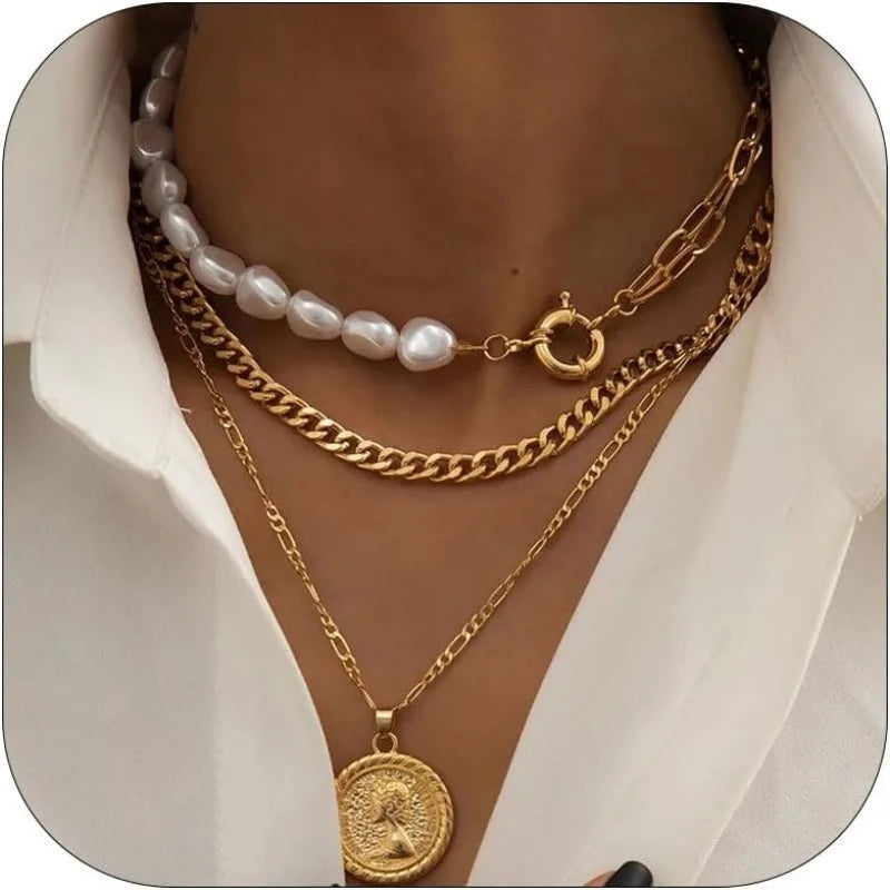 Gold Necklace Stack Layered Necklaces for Women Trendy Cuban Pearl Paperclip Chain Necklaces Set Boho Summer Beach Jewelry Gifts