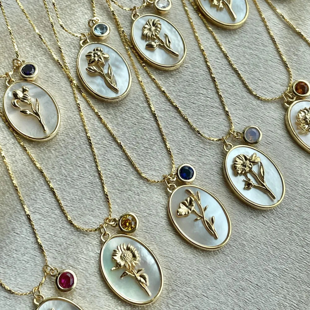 12 Birth Month Flower Birthstone Necklace for Women Charm White Shell Pendant Necklaces Mom Girlfriend Birthday Gift