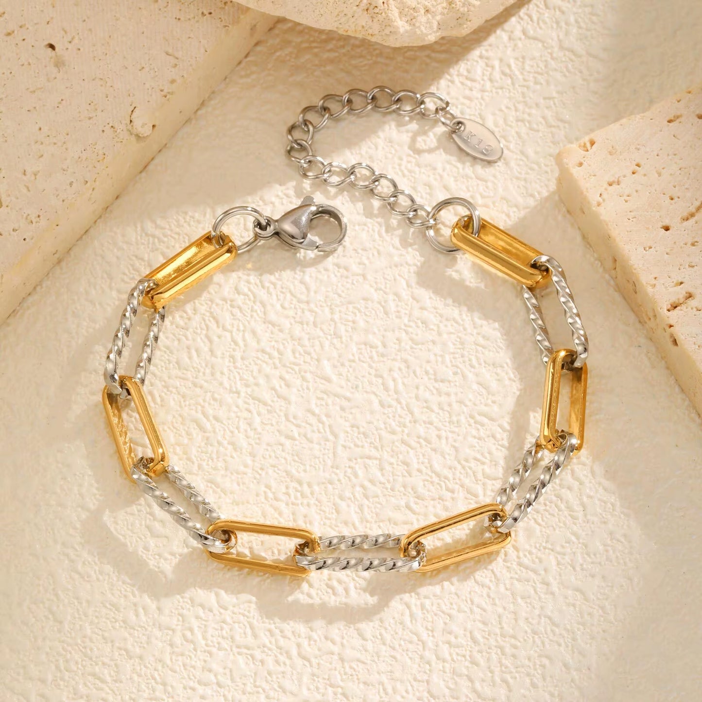 Two Tone Twist Link Paperclip Bracelet for Women, Chunky Stainless Steel Bracelet Adjustable Link, 18K Gold Plated Jewelry