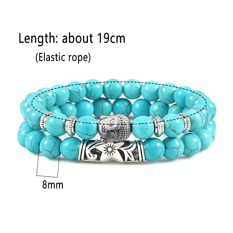 2Pcs/Set Buddha Head Bracelet for Women Men Natural Tiger Eye Lava Stone Yoga Beads Distance Bracelets Charm Couple Jewelry Gift