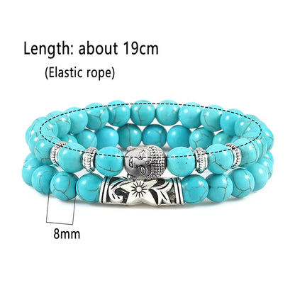 2Pcs/Set Buddha Head Bracelet for Women Men Natural Tiger Eye Lava Stone Yoga Beads Distance Bracelets Charm Couple Jewelry Gift