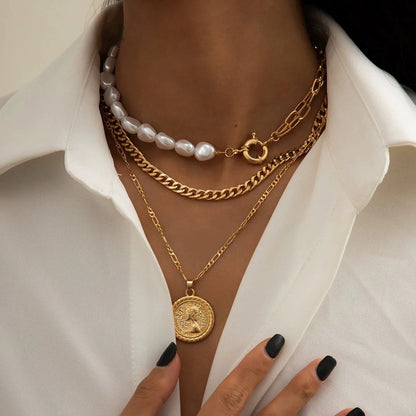 Gold Necklace Stack Layered Necklaces for Women Trendy Cuban Pearl Paperclip Chain Necklaces Set Boho Summer Beach Jewelry Gifts