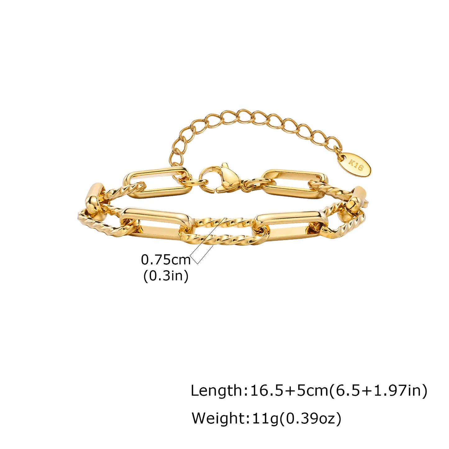 Two Tone Twist Link Paperclip Bracelet for Women, Chunky Stainless Steel Bracelet Adjustable Link, 18K Gold Plated Jewelry