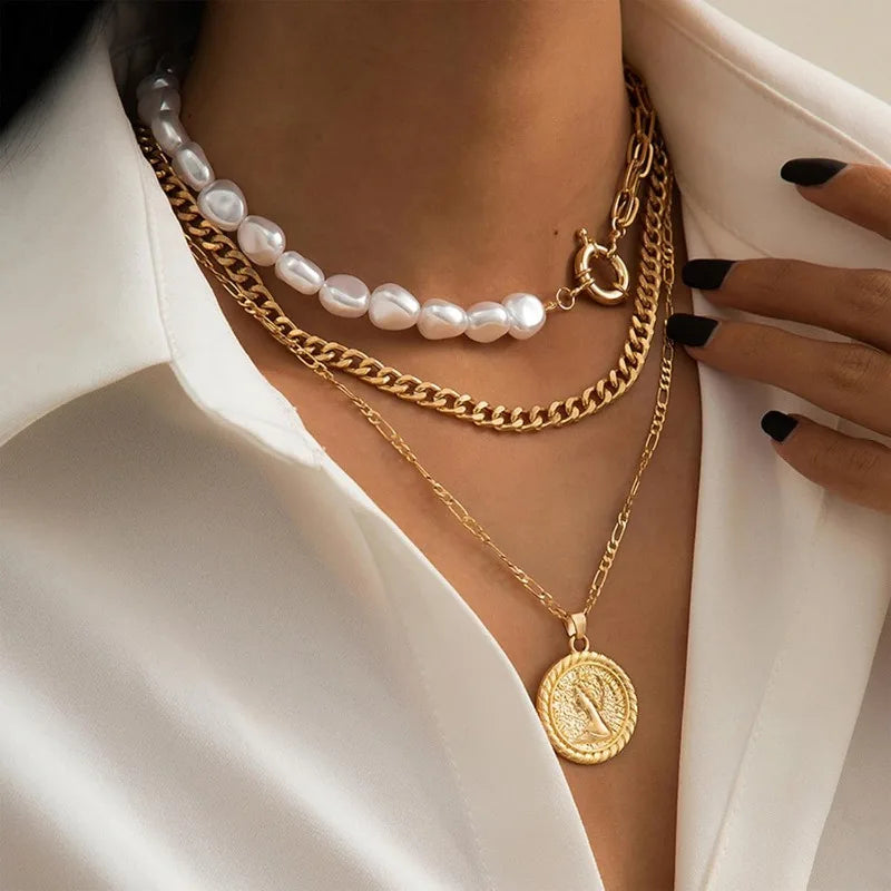 Gold Necklace Stack Layered Necklaces for Women Trendy Cuban Pearl Paperclip Chain Necklaces Set Boho Summer Beach Jewelry Gifts