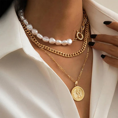 Gold Necklace Stack Layered Necklaces for Women Trendy Cuban Pearl Paperclip Chain Necklaces Set Boho Summer Beach Jewelry Gifts