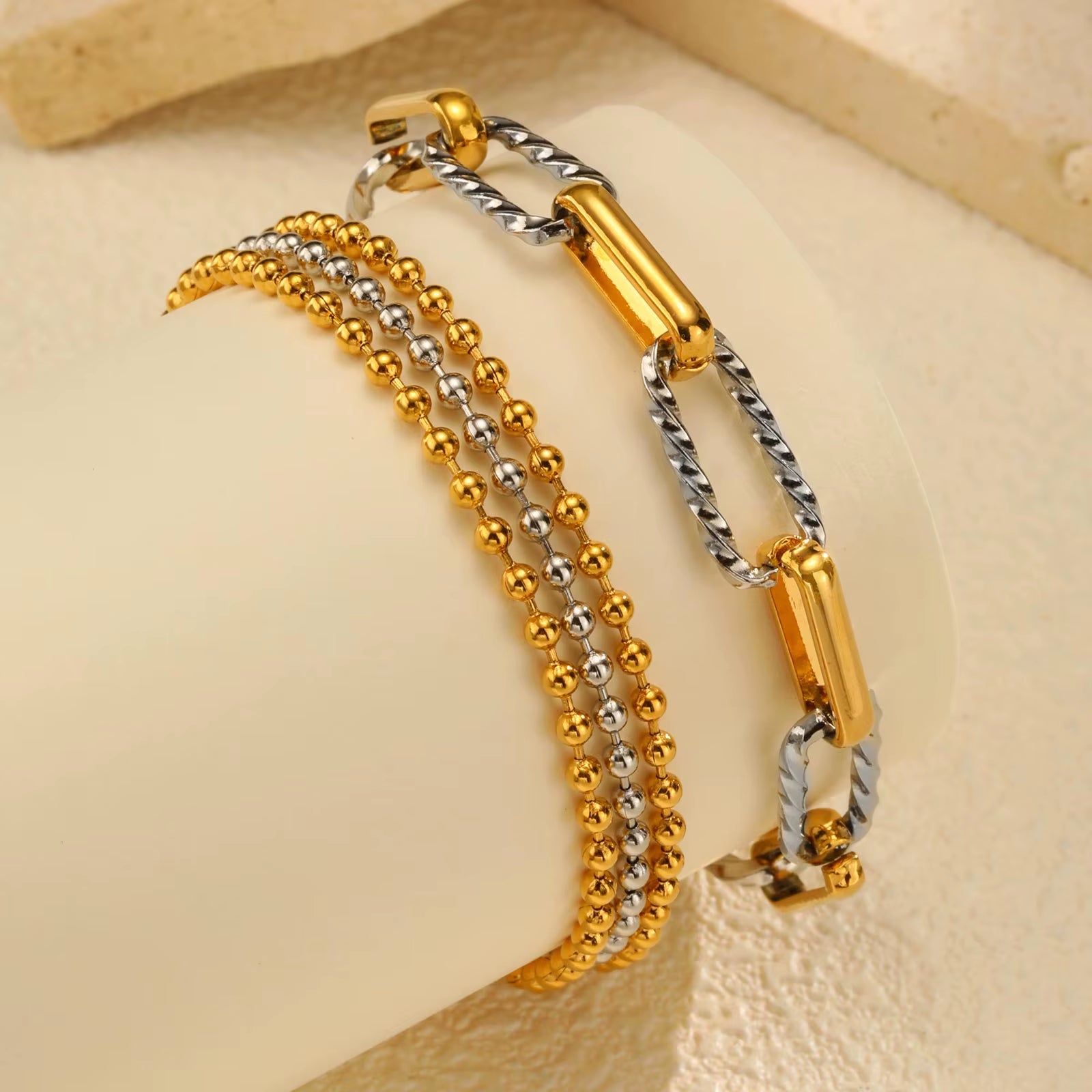 Two Tone Twist Link Paperclip Bracelet for Women, Chunky Stainless Steel Bracelet Adjustable Link, 18K Gold Plated Jewelry