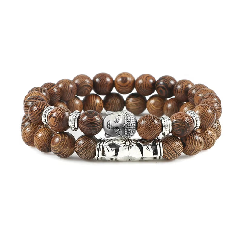 2Pcs/Set Buddha Head Bracelet for Women Men Natural Tiger Eye Lava Stone Yoga Beads Distance Bracelets Charm Couple Jewelry Gift