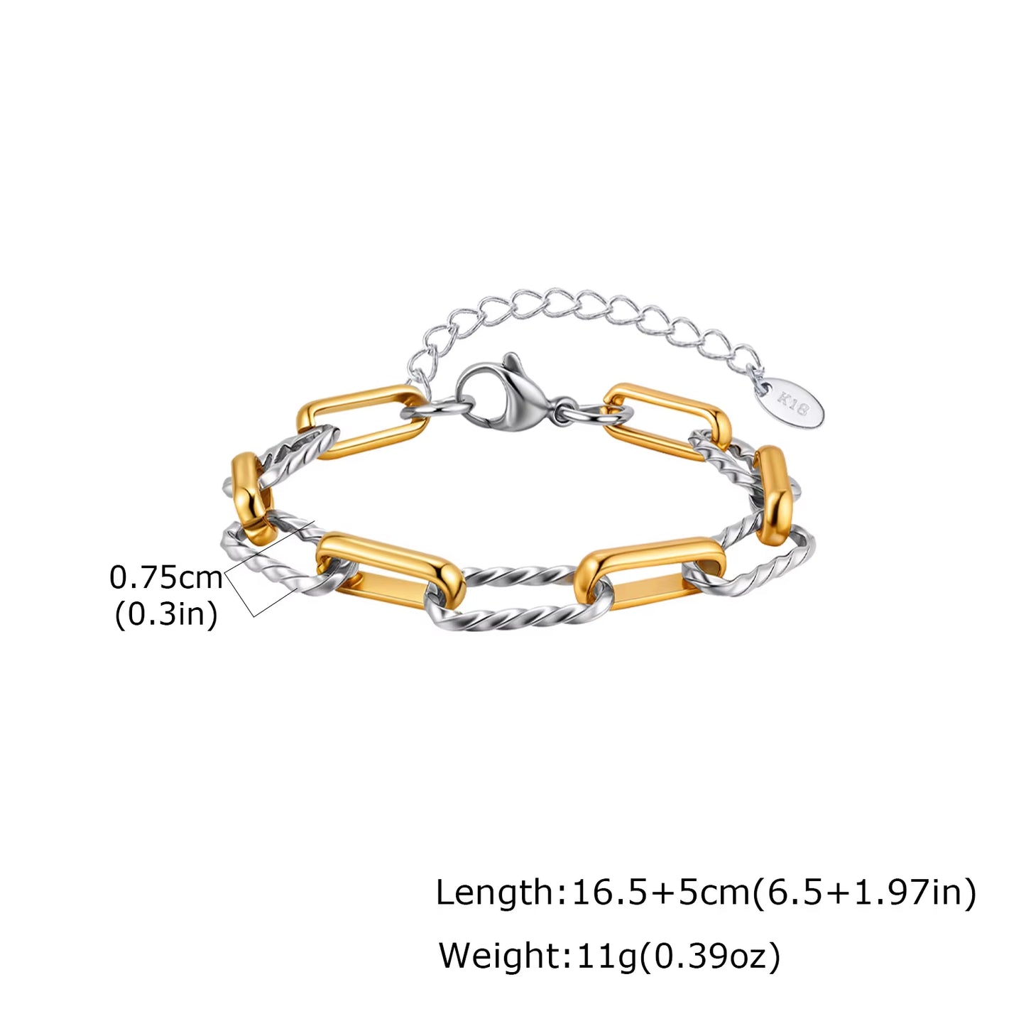 Two Tone Twist Link Paperclip Bracelet for Women, Chunky Stainless Steel Bracelet Adjustable Link, 18K Gold Plated Jewelry