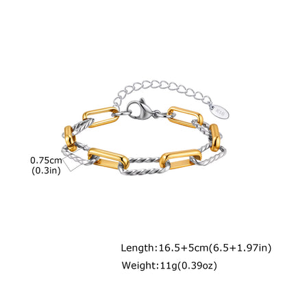 Two Tone Twist Link Paperclip Bracelet for Women, Chunky Stainless Steel Bracelet Adjustable Link, 18K Gold Plated Jewelry