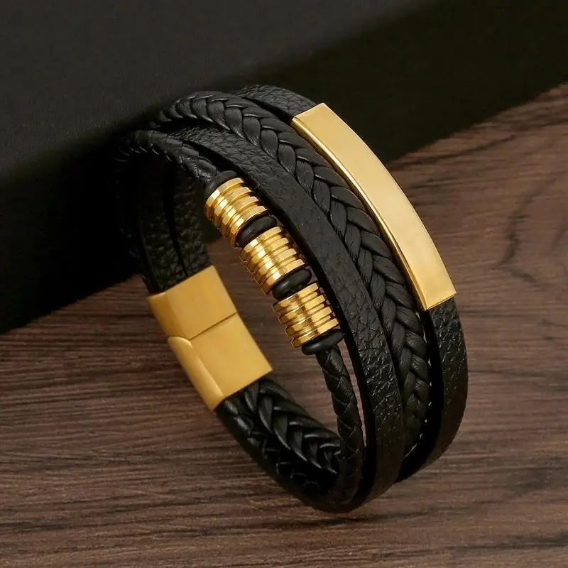 Punk Men Leather Bracelet with Stainless Steel Magnetic Clasp Braided Mutilayer Leather Wrapping Bangles Man Jewelry Gift