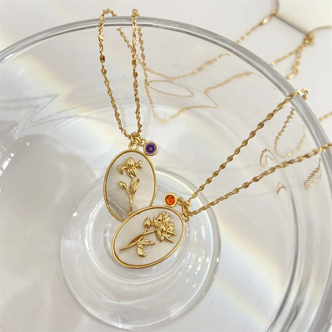 12 Birth Month Flower Birthstone Necklace for Women Charm White Shell Pendant Necklaces Mom Girlfriend Birthday Gift