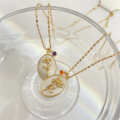 12 Birth Month Flower Birthstone Necklace for Women Charm White Shell Pendant Necklaces Mom Girlfriend Birthday Gift