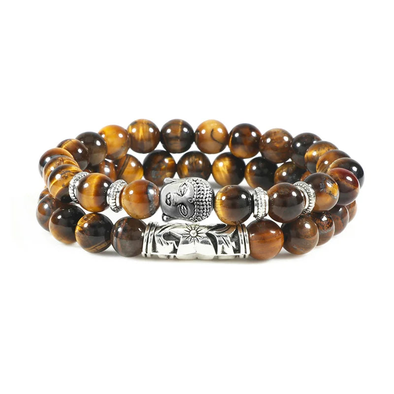 2Pcs/Set Buddha Head Bracelet for Women Men Natural Tiger Eye Lava Stone Yoga Beads Distance Bracelets Charm Couple Jewelry Gift