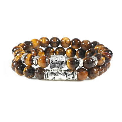 2Pcs/Set Buddha Head Bracelet for Women Men Natural Tiger Eye Lava Stone Yoga Beads Distance Bracelets Charm Couple Jewelry Gift