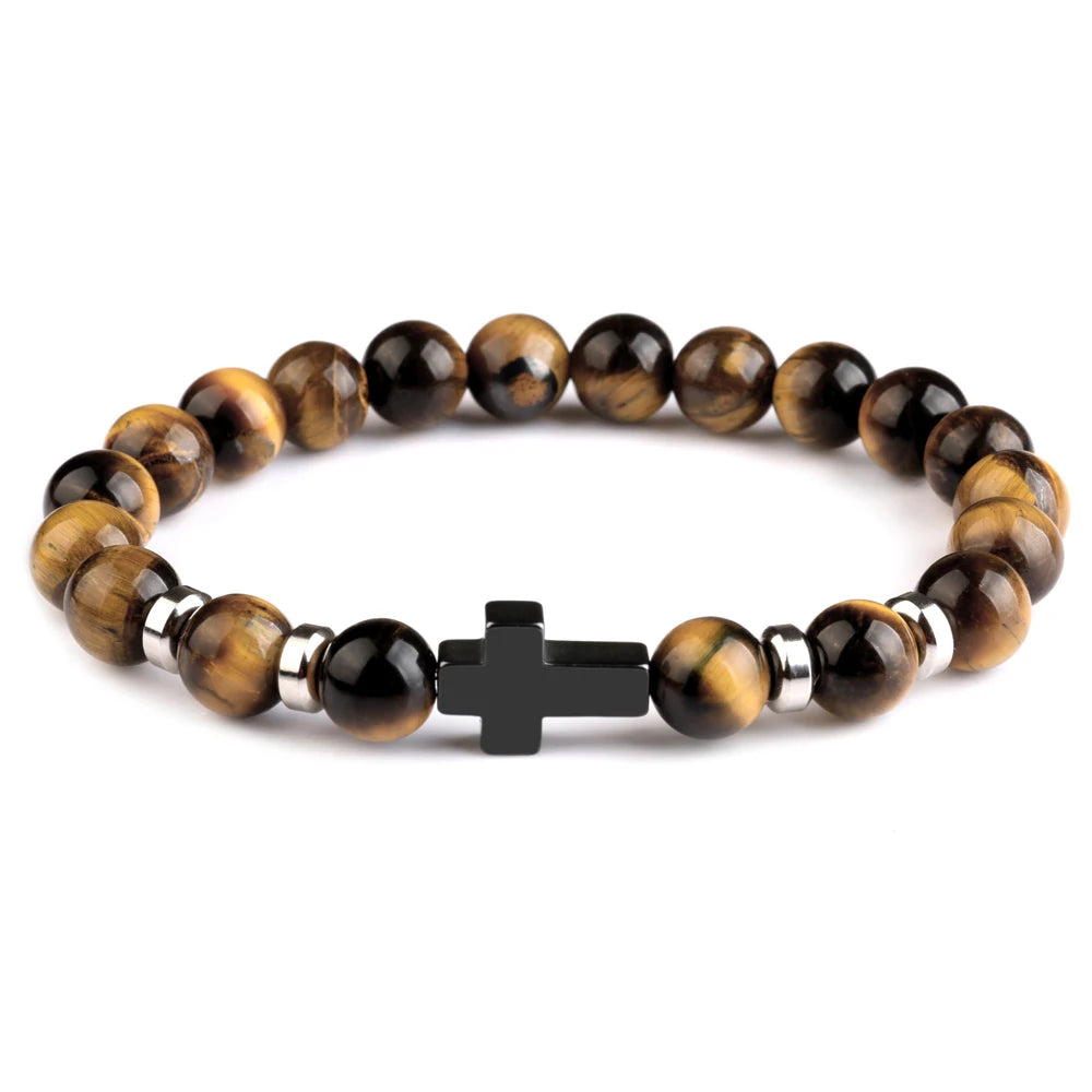 Natural Stone Bracelets Hematite Cross Pendent 8Mm Tiger Eye Black Onyx Lava Howlite Bead Elastic Rope Bracelet for Men Gift