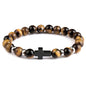 Natural Stone Bracelets Hematite Cross Pendent 8Mm Tiger Eye Black Onyx Lava Howlite Bead Elastic Rope Bracelet for Men Gift
