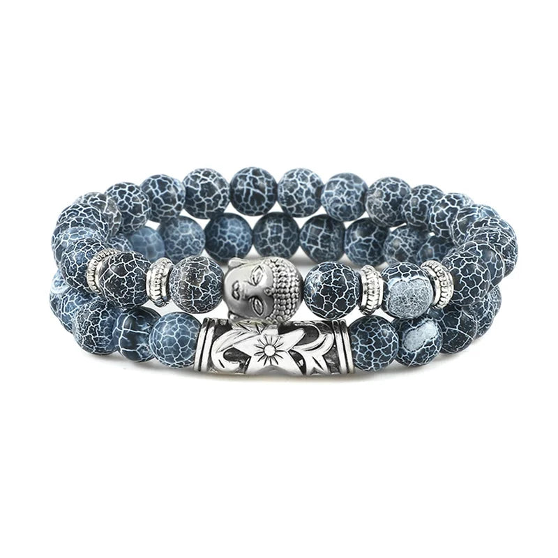 2Pcs/Set Buddha Head Bracelet for Women Men Natural Tiger Eye Lava Stone Yoga Beads Distance Bracelets Charm Couple Jewelry Gift