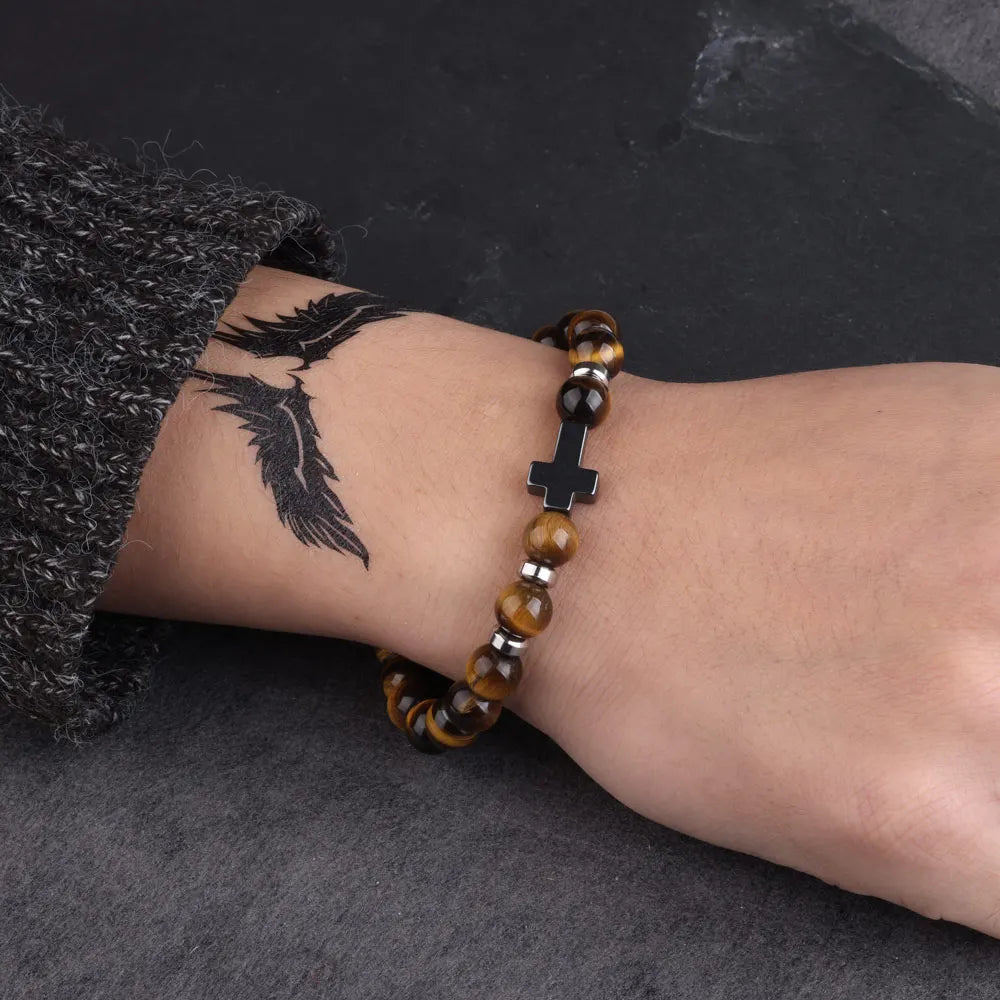 Natural Stone Bracelets Hematite Cross Pendent 8Mm Tiger Eye Black Onyx Lava Howlite Bead Elastic Rope Bracelet for Men Gift