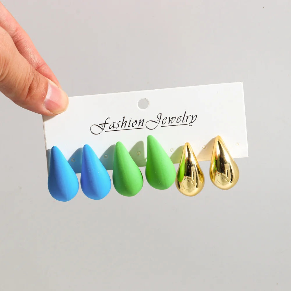 Fashion 6Pcs/Set Chunky Gold Plated Water Drop Earrings for Women Vintage Acrylic Teardrop Earring Hoops Lightweight Jewelry