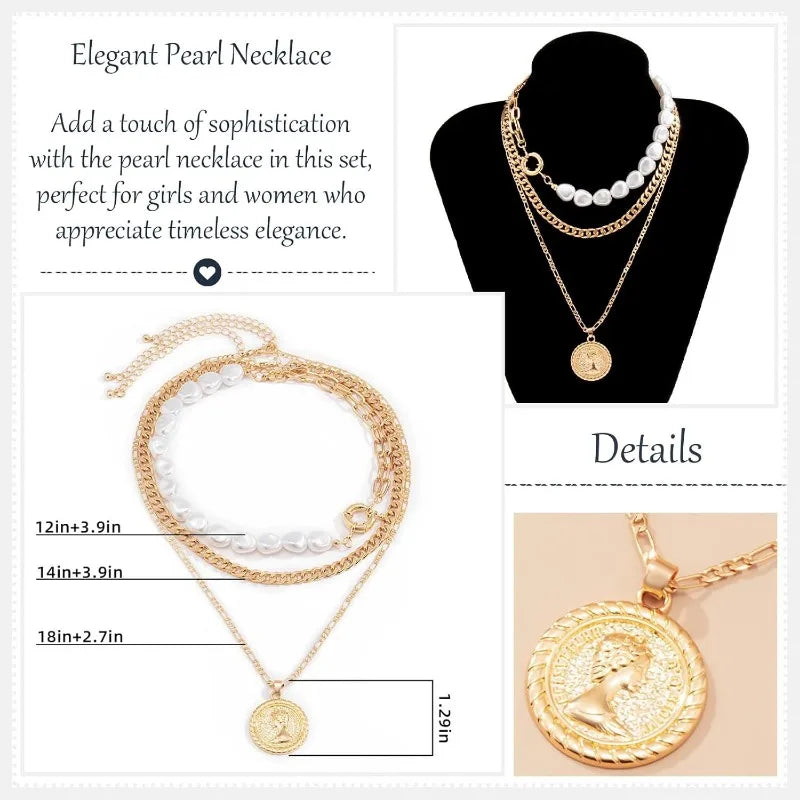 Gold Necklace Stack Layered Necklaces for Women Trendy Cuban Pearl Paperclip Chain Necklaces Set Boho Summer Beach Jewelry Gifts