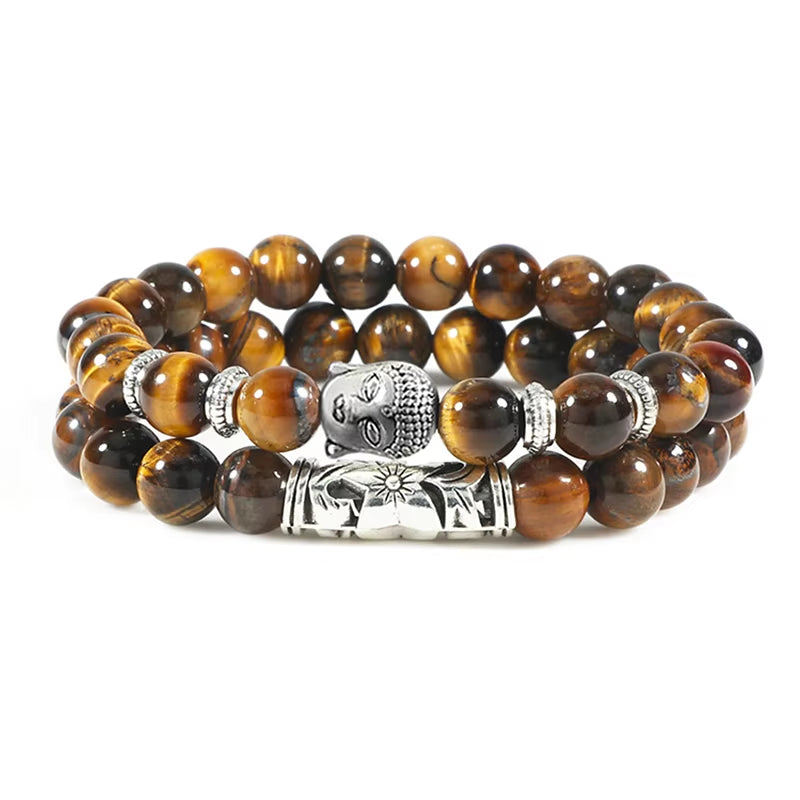 2Pcs/Set Buddha Head Bracelet for Women Men Natural Tiger Eye Lava Stone Yoga Beads Distance Bracelets Charm Couple Jewelry Gift