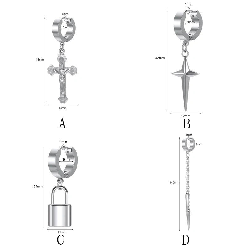 ZS Punk Cross Drop Earrings for Men Woman Stainless Steel Hoop Dangle Cartilage Earrings Gothic Hip Hop Circle round Earring