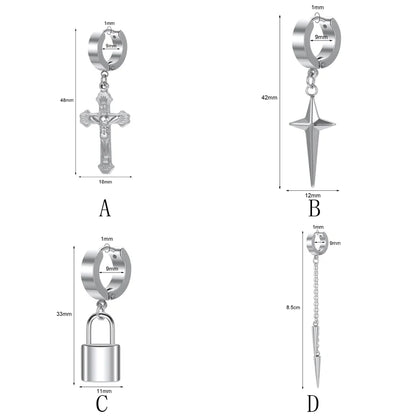 ZS Punk Cross Drop Earrings for Men Woman Stainless Steel Hoop Dangle Cartilage Earrings Gothic Hip Hop Circle round Earring