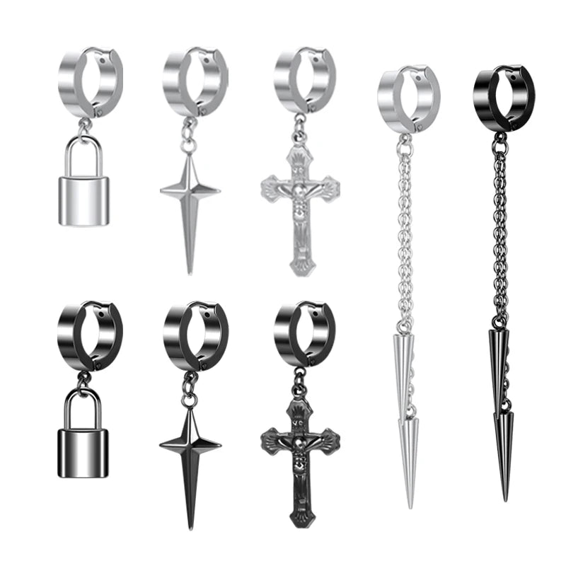 ZS Punk Cross Drop Earrings for Men Woman Stainless Steel Hoop Dangle Cartilage Earrings Gothic Hip Hop Circle round Earring