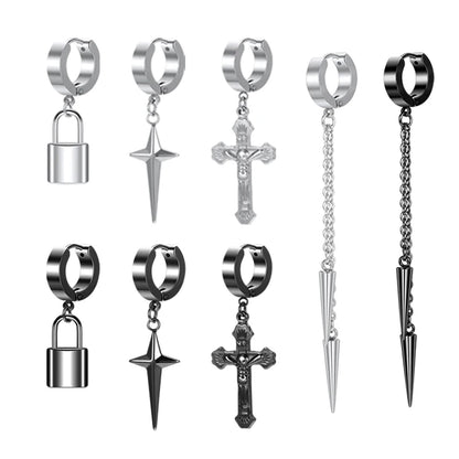 ZS Punk Cross Drop Earrings for Men Woman Stainless Steel Hoop Dangle Cartilage Earrings Gothic Hip Hop Circle round Earring