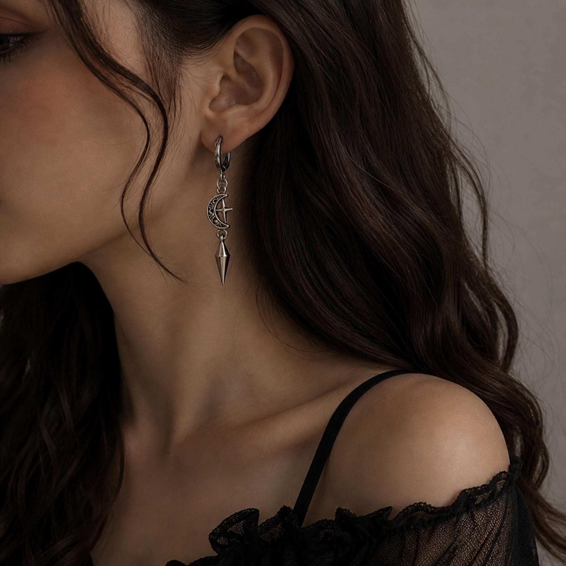Moon Star Hoop Earrings, Gothic Earrings, Celestial Earrings, Gothic Jewelry, Gift for Her, Hoop Earrings, Huggie Earrings